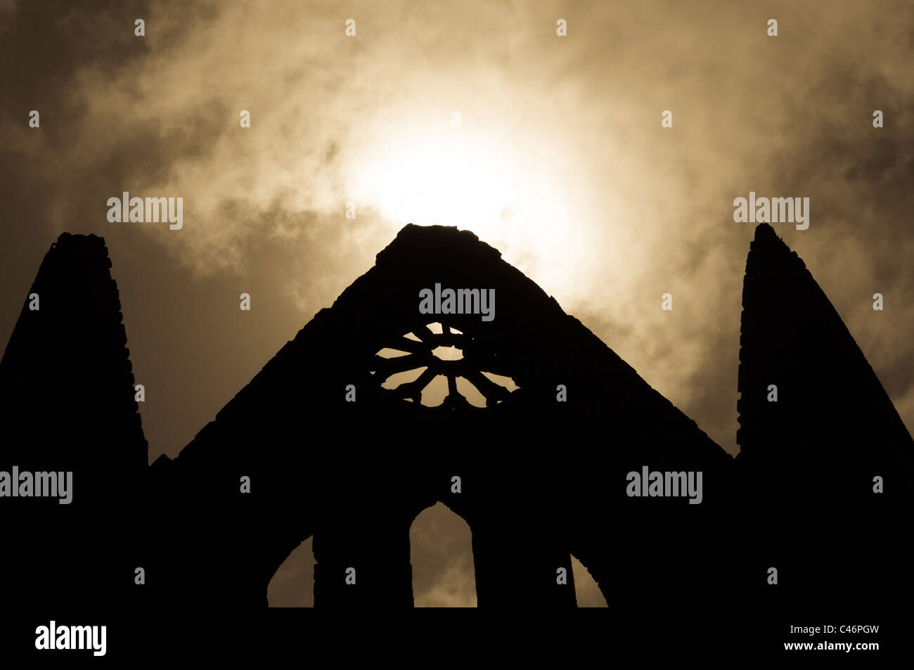 A Duotone  silhouette of Scarborough Abbey, close up Stock Photo