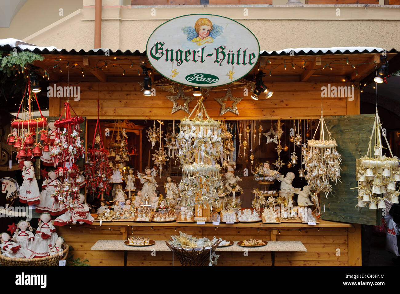 christmas market with shops in medieval old town of city Salzburg in Austria Stock Photo