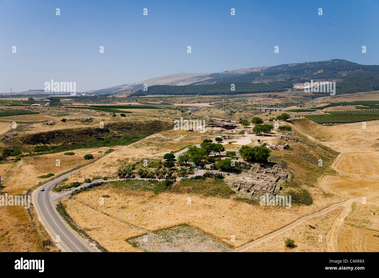 Aerial photograph of the ruins of Mound Hazor in the Upper Galilee Stock Photo