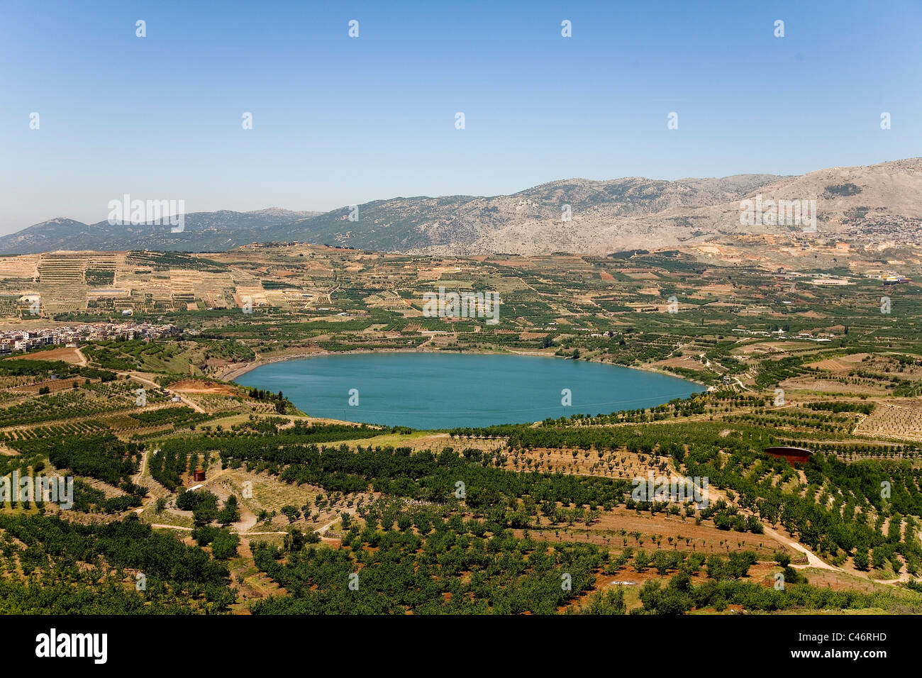 Aerial photograph of Ram's pool in the northern Golan Heights Stock Photo