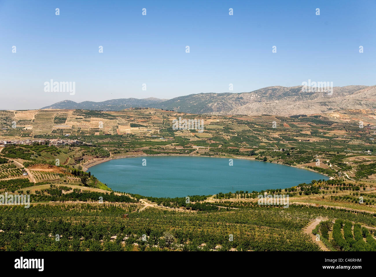 Aerial photograph of Ram's pool in the northern Golan Heights Stock Photo