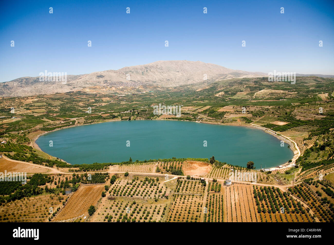Aerial photograph of the Ram pool in the northern Golan Heights Stock Photo