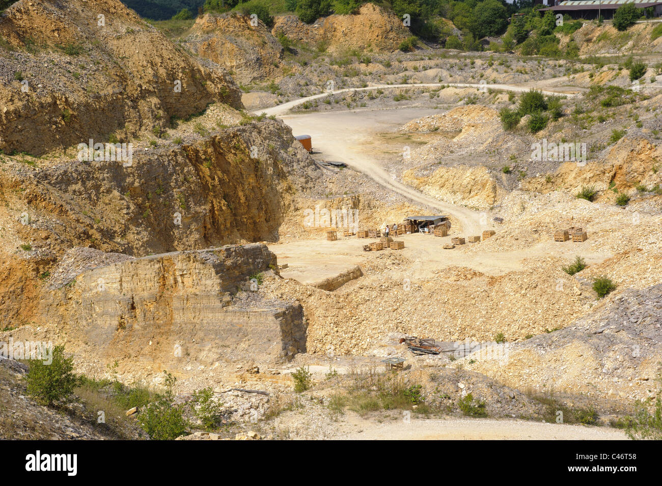 famous stone quarry in Solnhofen, Bavaria, Germany, where fossil Archaeopteryx was founded Stock