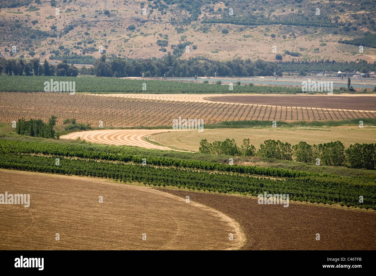 Aerial photograph of brown and green fields in the Upper Galilee Stock Photo