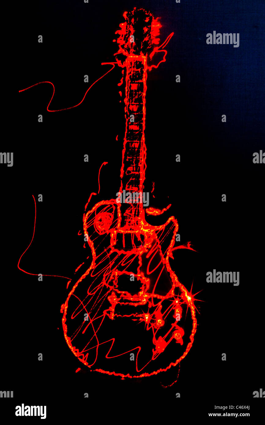 Illustration of an electric guitar outline, drawn in laser-light on a black background Stock Photo