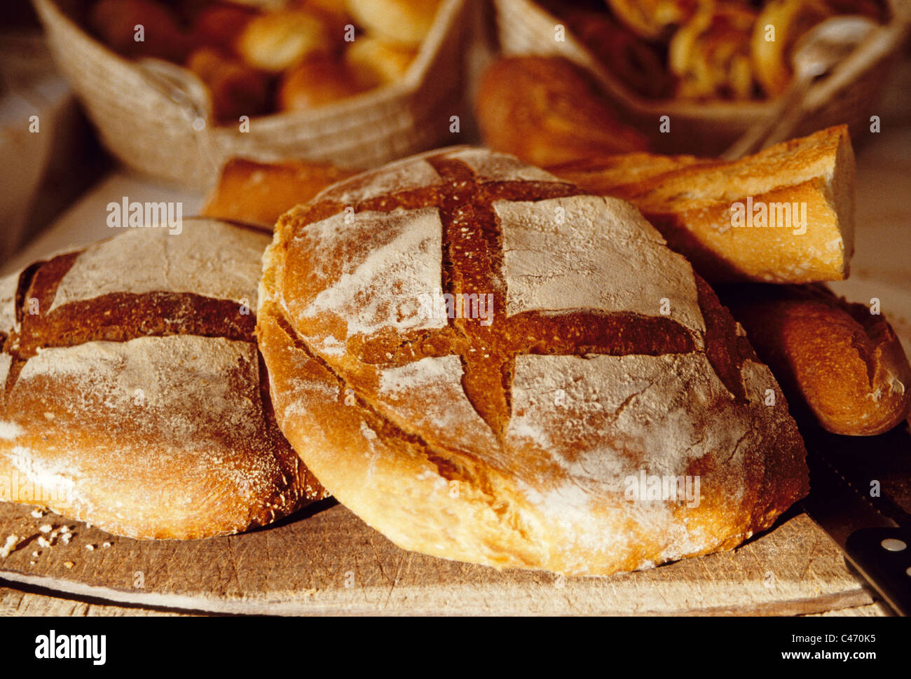 Freshly baked French bread in kitchen of Domaine de Castel Novel in Varetz, France. Stock Photo