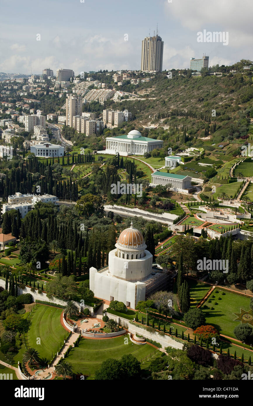 Aerial photograph of the Bahai temple and Garden on the slopes of mount Carmel Stock Photo