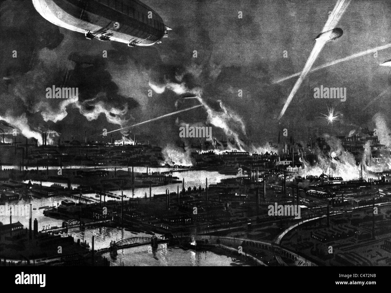 German zeppelin air raid on England, 1916 Stock Photo