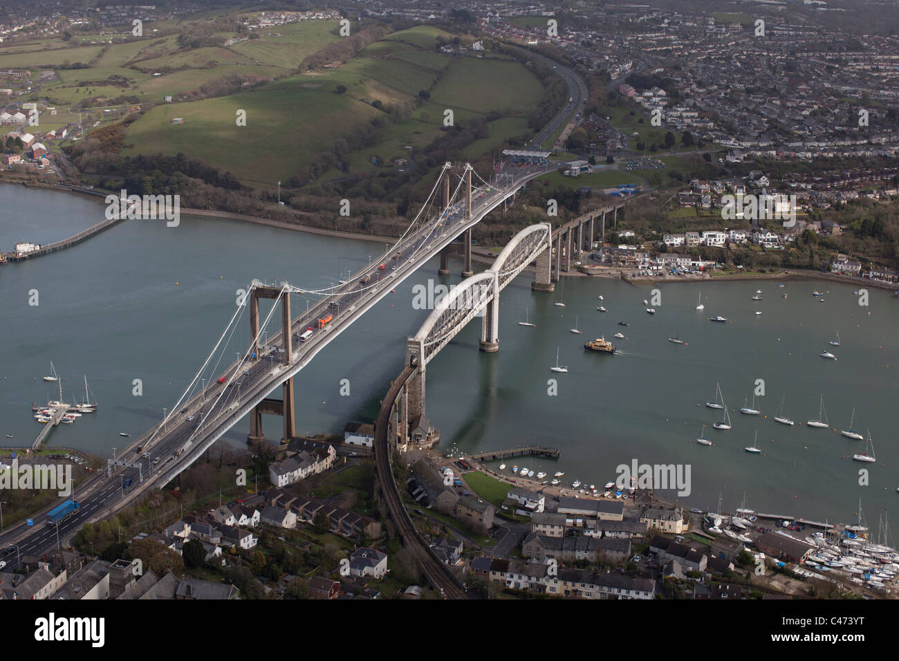 Aerial view of the Tamar Road Bridge and Isambard Kingdom Brunel's Royal Albert Bridge, Plymouth, Devon, UK Stock Photo