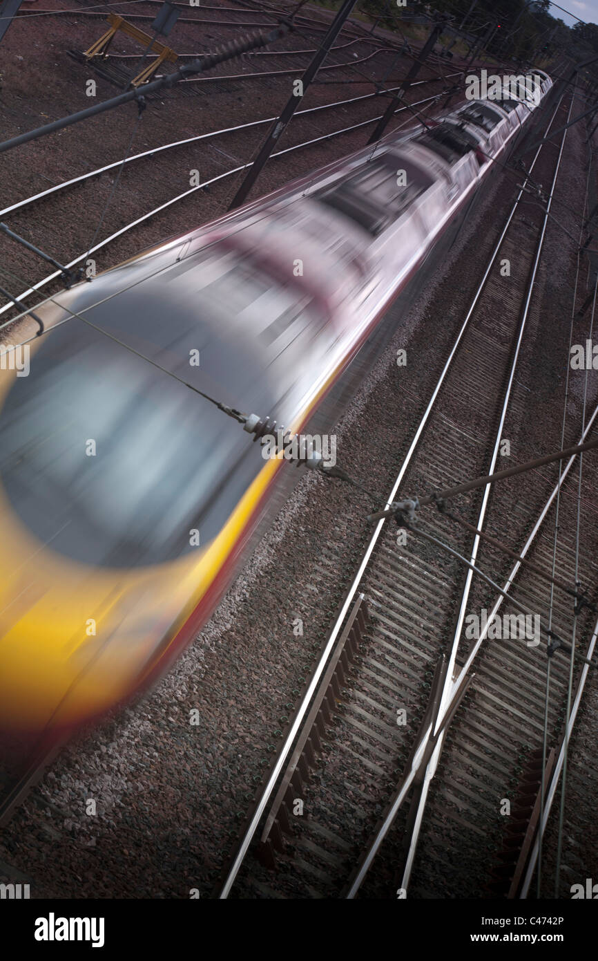 Virgin Pendolino Train at speed on west coast mainline,  Scotland Stock Photo