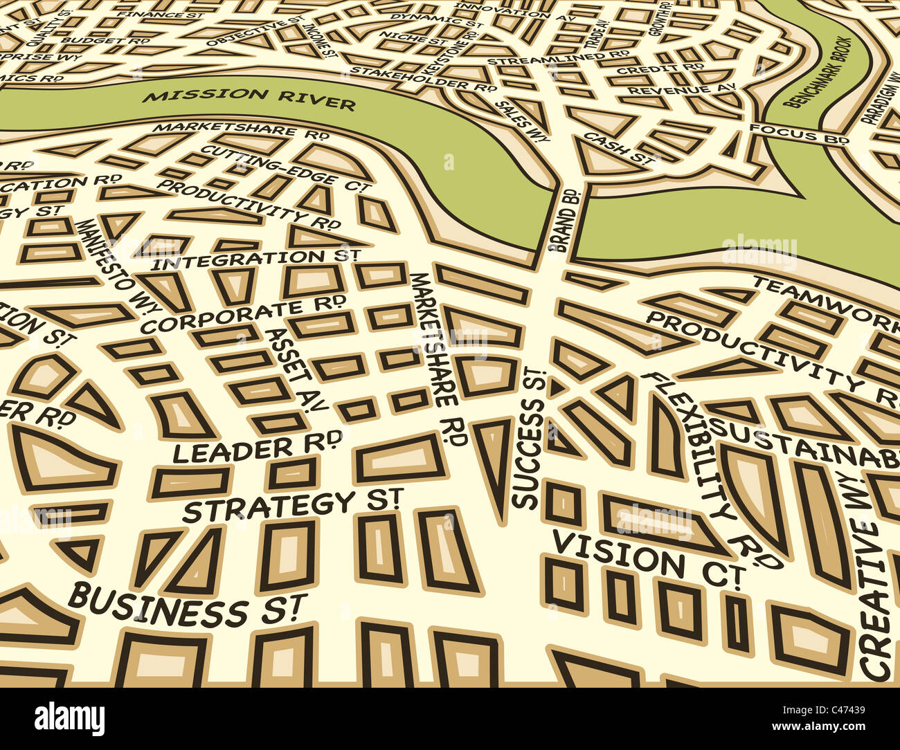 Illustrated street map of a generic city with business street names