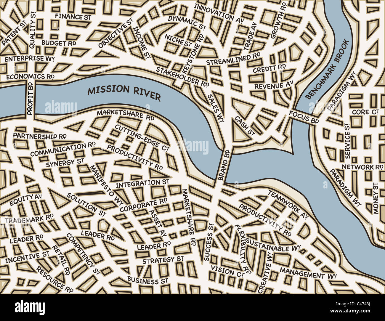 Illustrated map of a generic city with business street names Stock ...