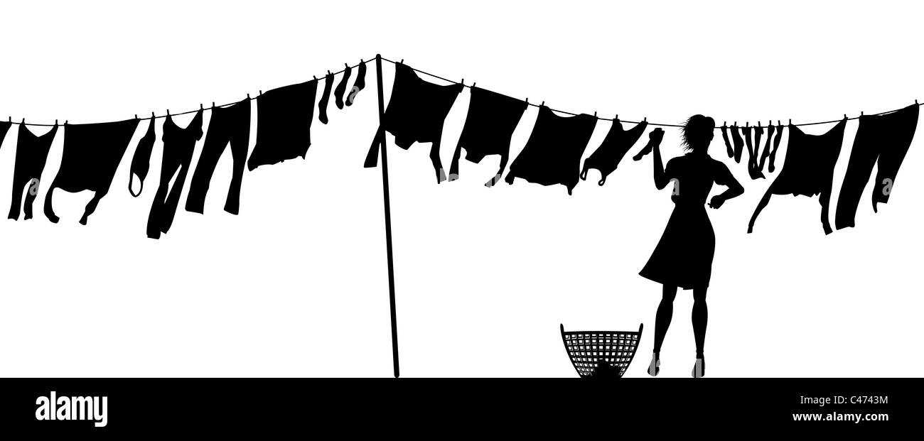 Illustrted silhouette of a woman hanging clothes on a washing line Stock Photo