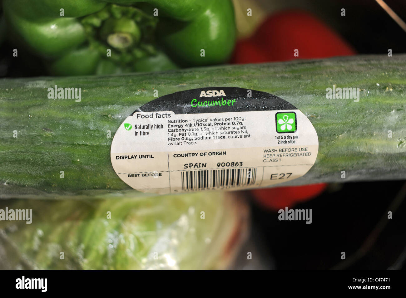 A cucumber originating from Spain bought from the Asda supermarket chain in Britain . Stock Photo