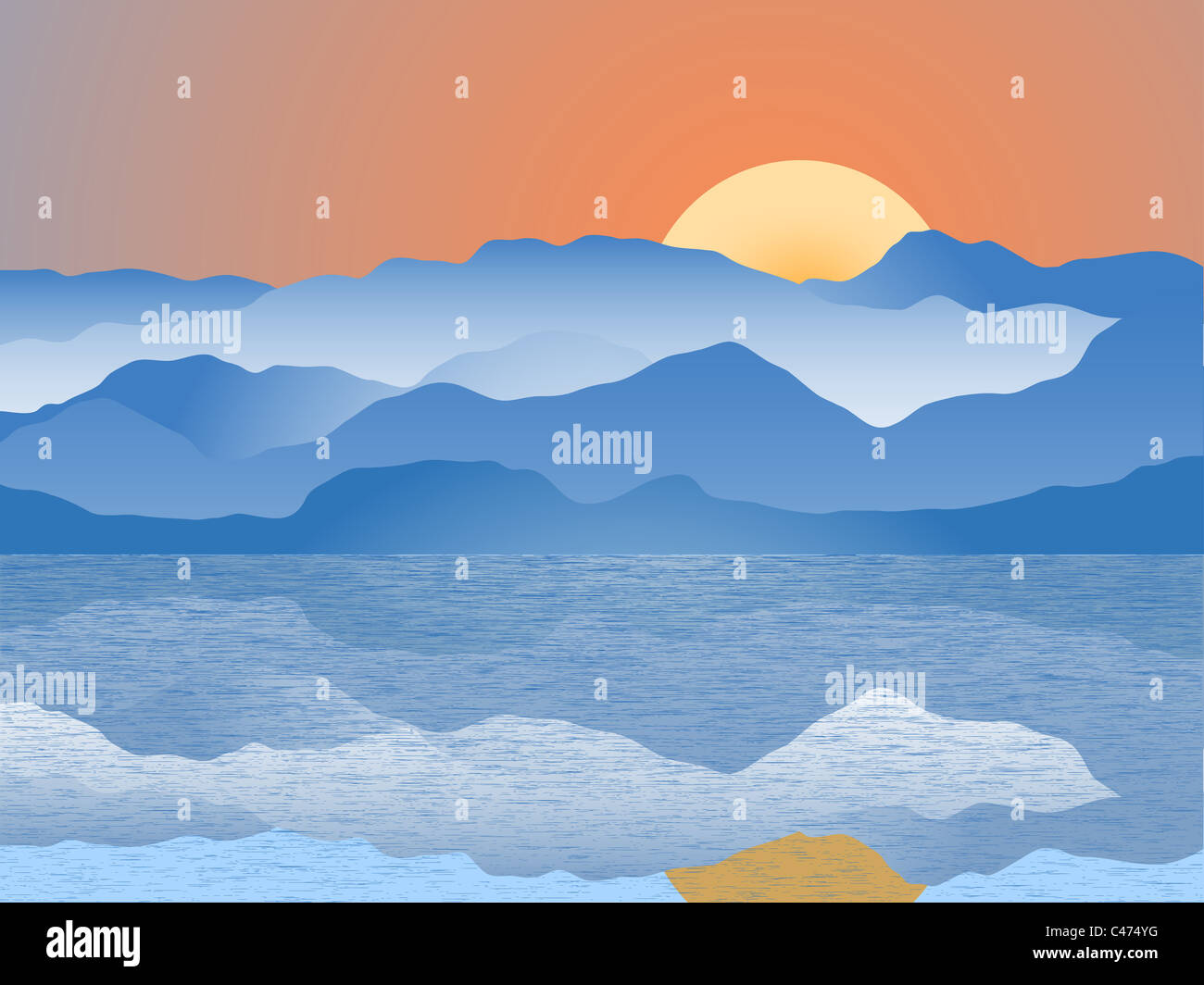 Mountain range reflecting into sea with sun setting behind mountains ...