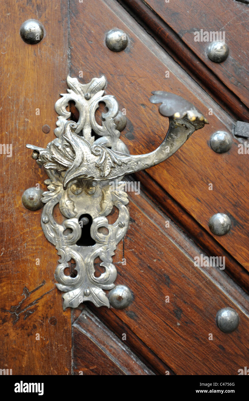 Door knockers and Door furniture on doors in the Czech capital of Prague Stock Photo