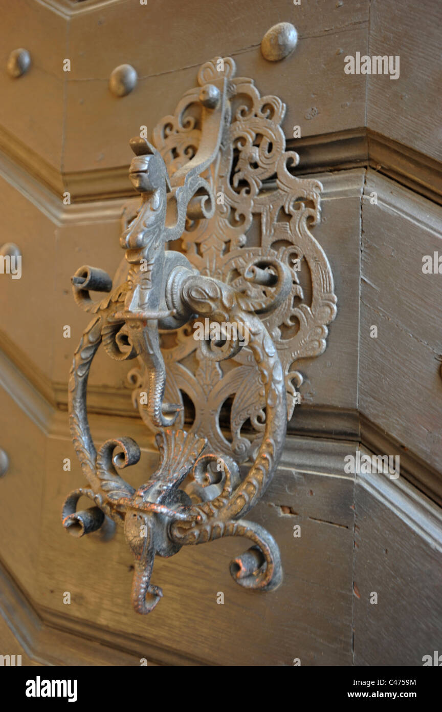 Door knockers and Door furniture on doors in the Czech capital of Prague Stock Photo