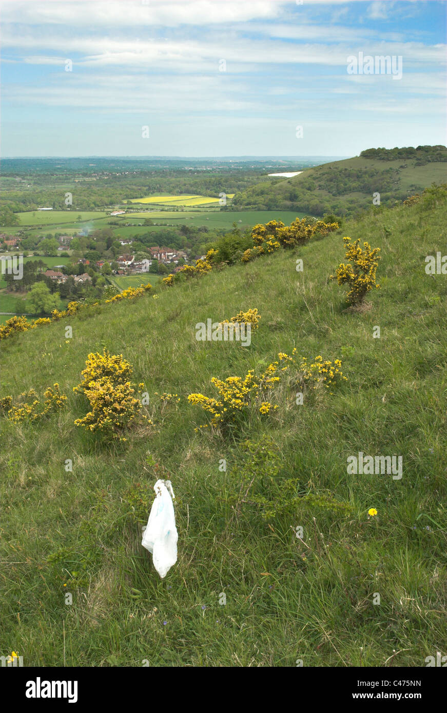 Rubbish left on the South Downs above the village of Poynings in the South Downs National Park. Stock Photo
