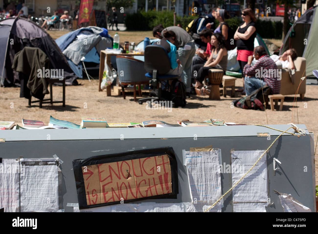 Students in Brighton, UK set up a protest camp to show solidarity with the students protesting unemployment & cuts in Spain. Stock Photo