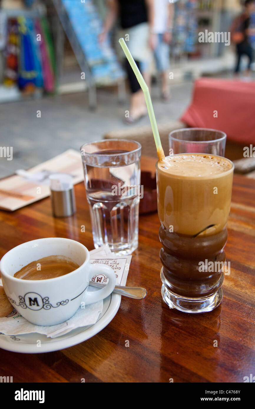 Coffee and Frappe in Athens Greece Stock Photo