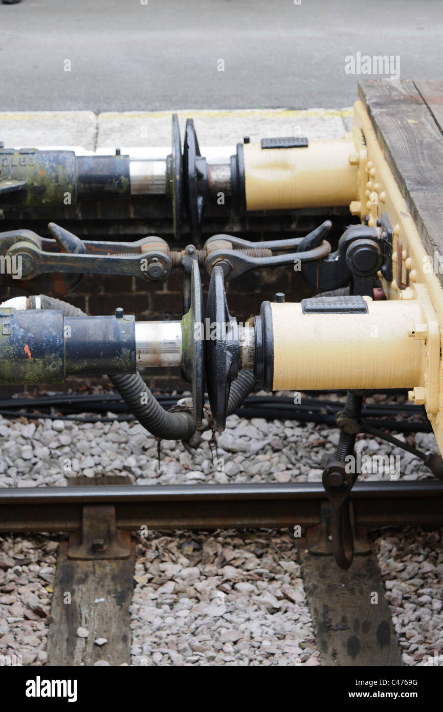 Close up detail of buffers and coupling. Stock Photo