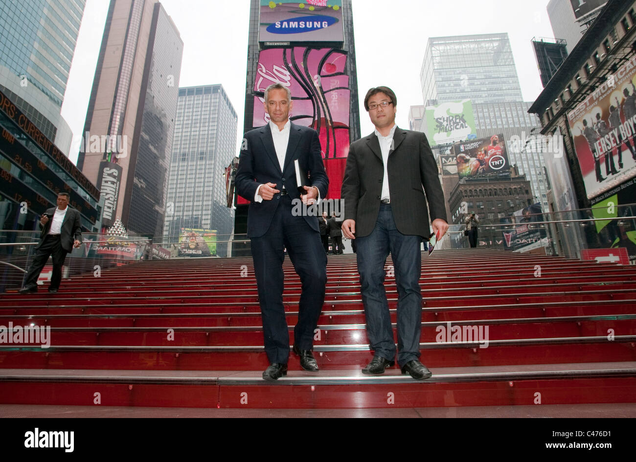 Australian architects Tai Ropiha John Choi designed the TKTS ticket  Times Square ticket boot  in Times Square with red stairs Stock Photo