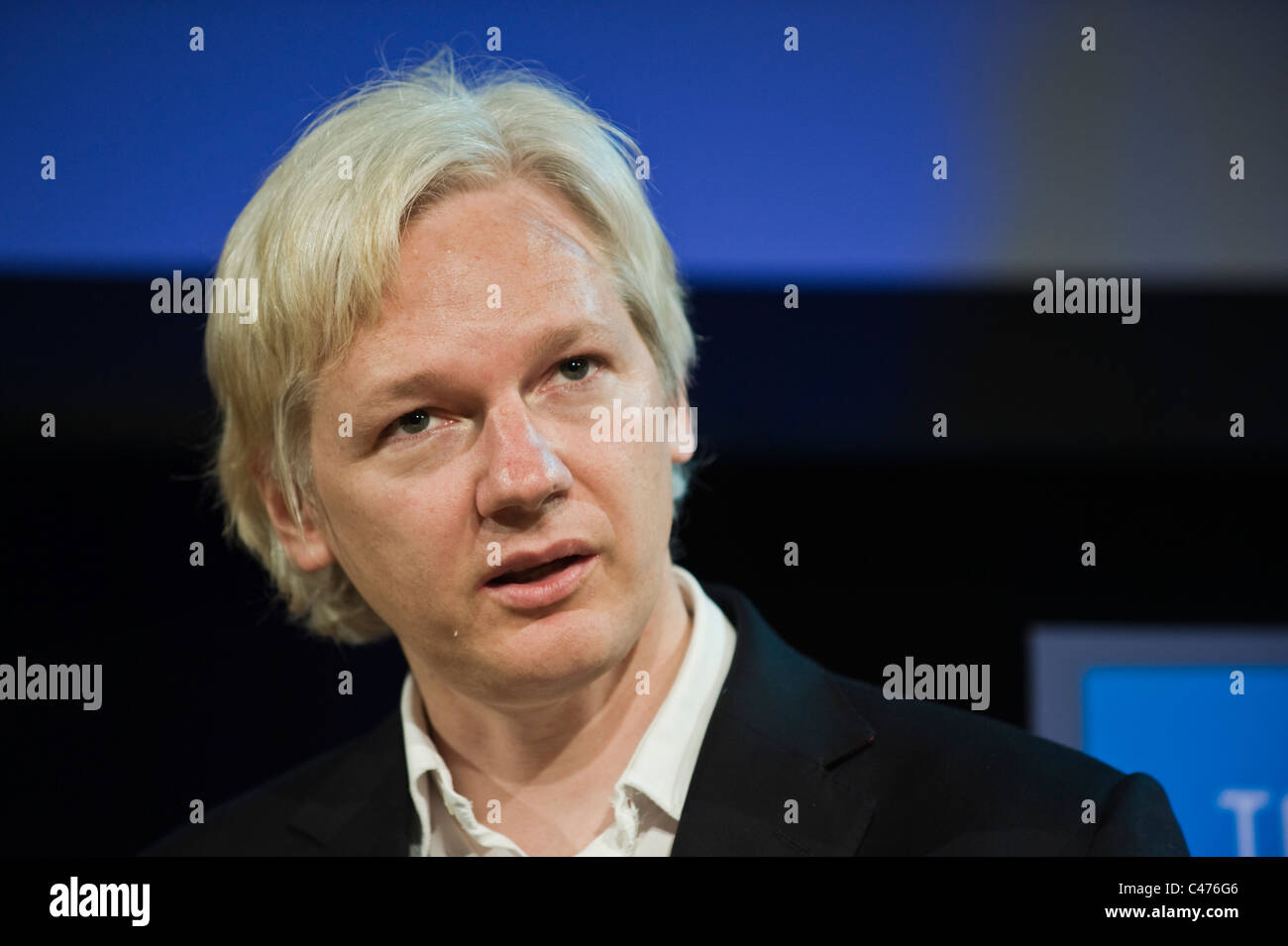Julian Assange founder of Wikileaks being interviewed at Hay Festival 2011 Stock Photo