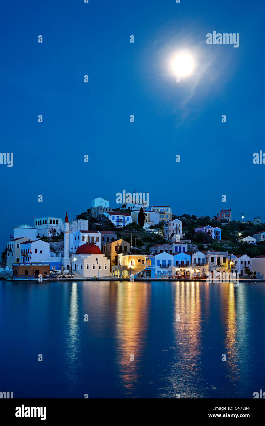 Night  view (full moon) of the picturesque village of Kastellorizo (or 'Meghisti') island, Dodecanese, Greece Stock Photo