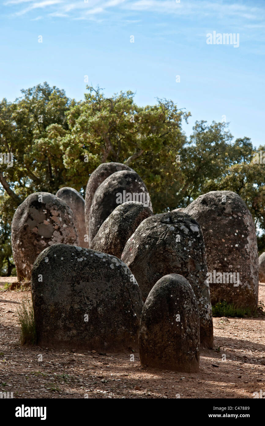 Menhirs in megalithic monument of Cromelech dos Almendres - Evora -Portugal Stock Photo