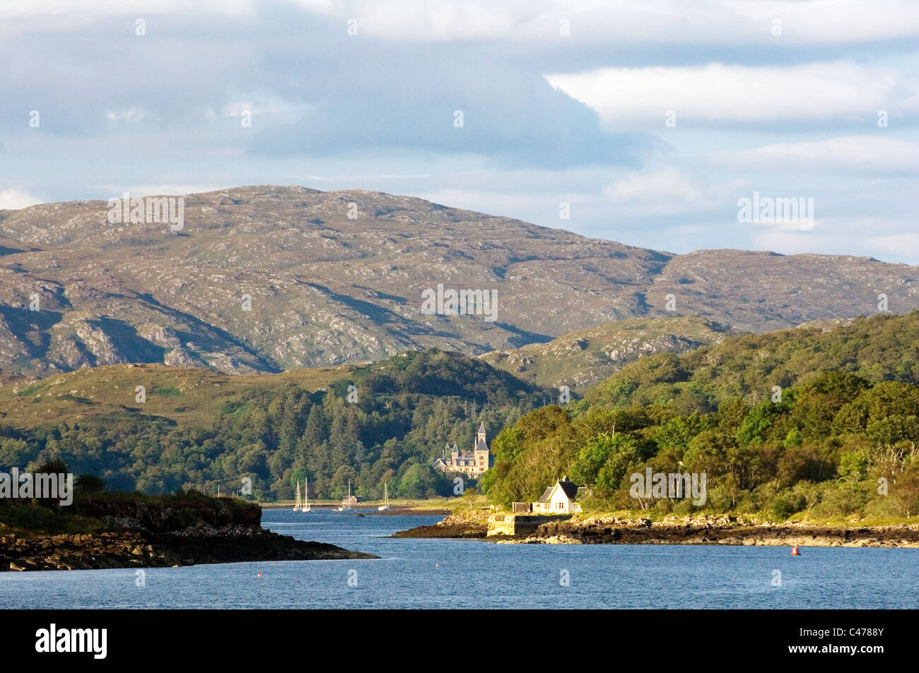 North up Loch Aline from the Sound of Mull to 19th C Ardtornish House in the Morvern region of west Scotland, UK Stock Photo
