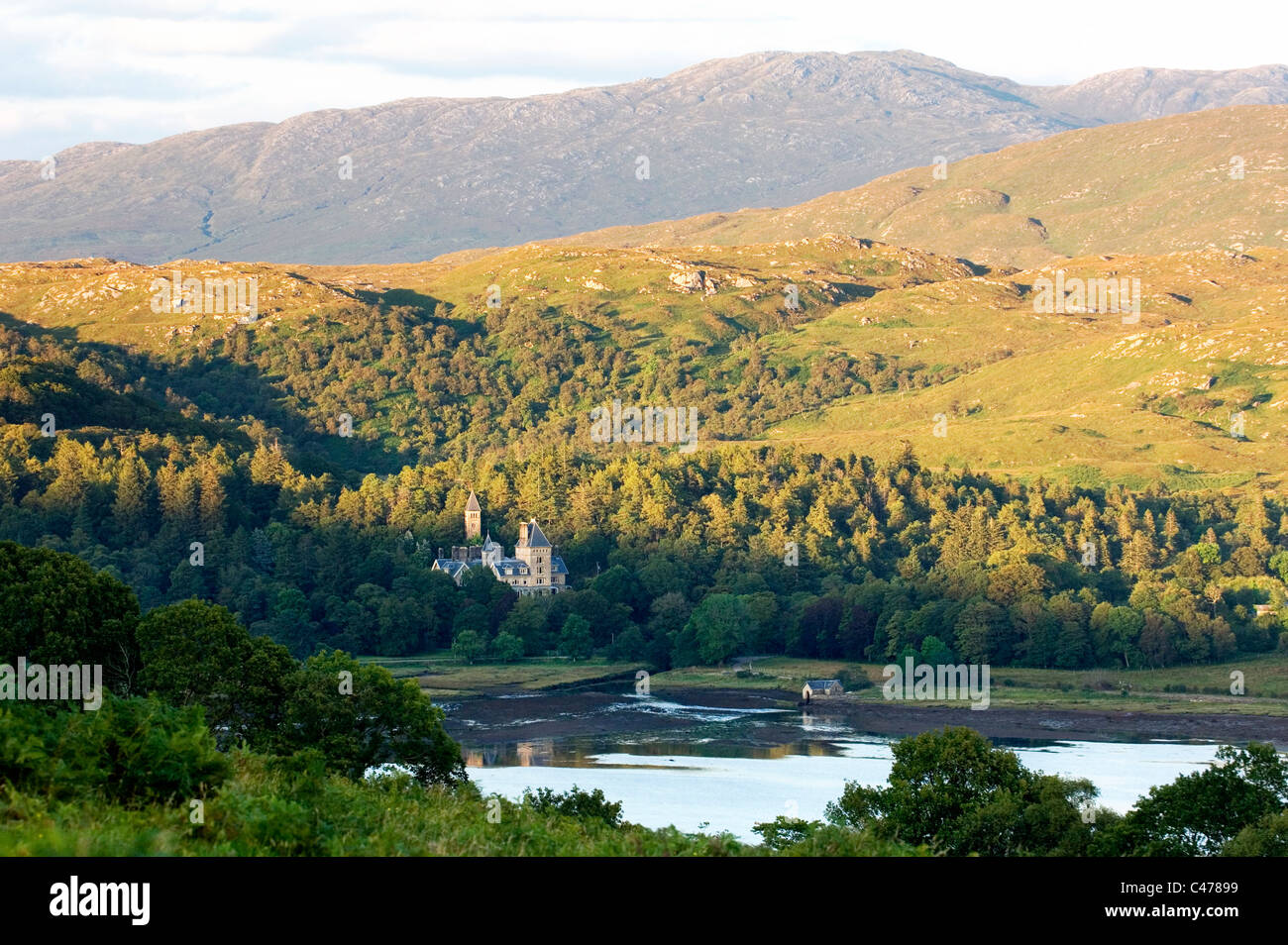 East over the north end of Loch Aline to 19th C Ardtornish House in the Morvern region of west Scotland, UK Stock Photo