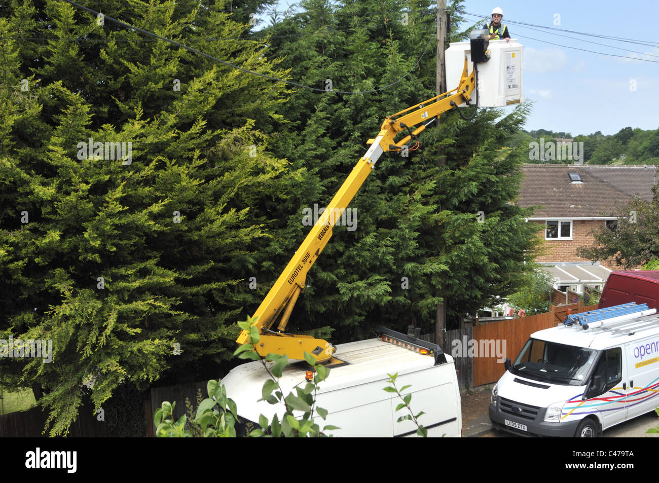 Woman BT engineer replacing tree damaged telephone cable using a mobile