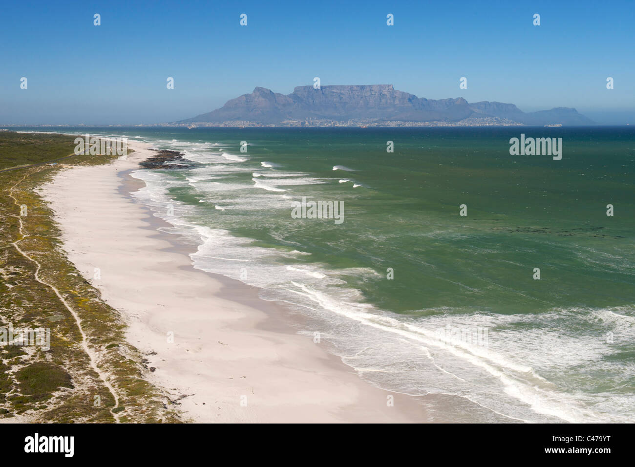 Aerial view along the coastline of the Blaauwberg nature Reserve on the west coast just north of Cape Town in South Africa. Stock Photo