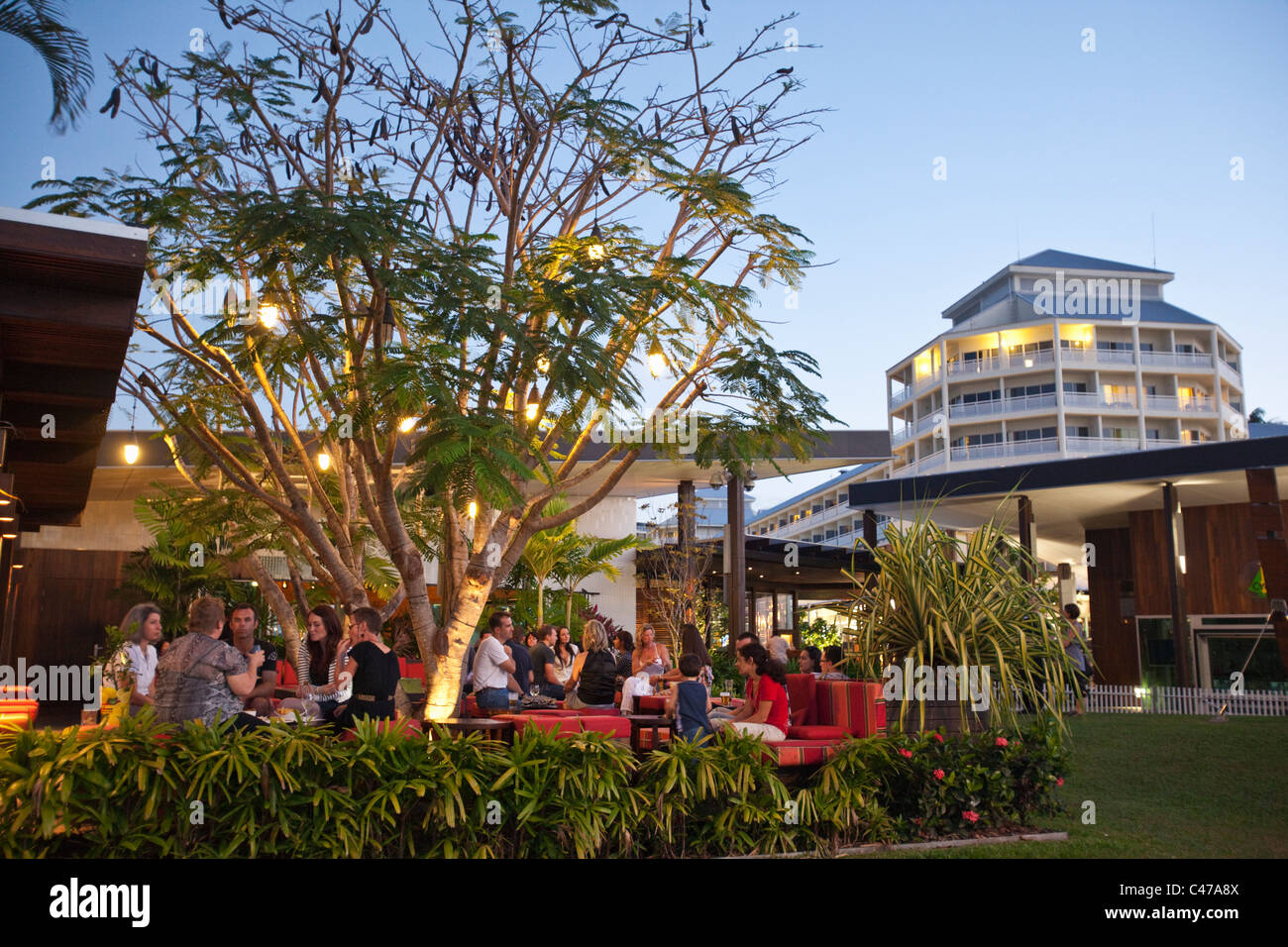 Salt House Restaurant and Bar at dusk. Marina Point, Cairns, Queensland, Australia Stock Photo
