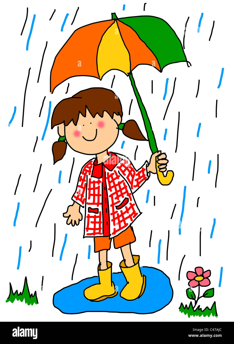 Cute Little Girl Drawing Playing In A Water Puddle While Holding An Umbrella In The Rain Stock Photo Alamy