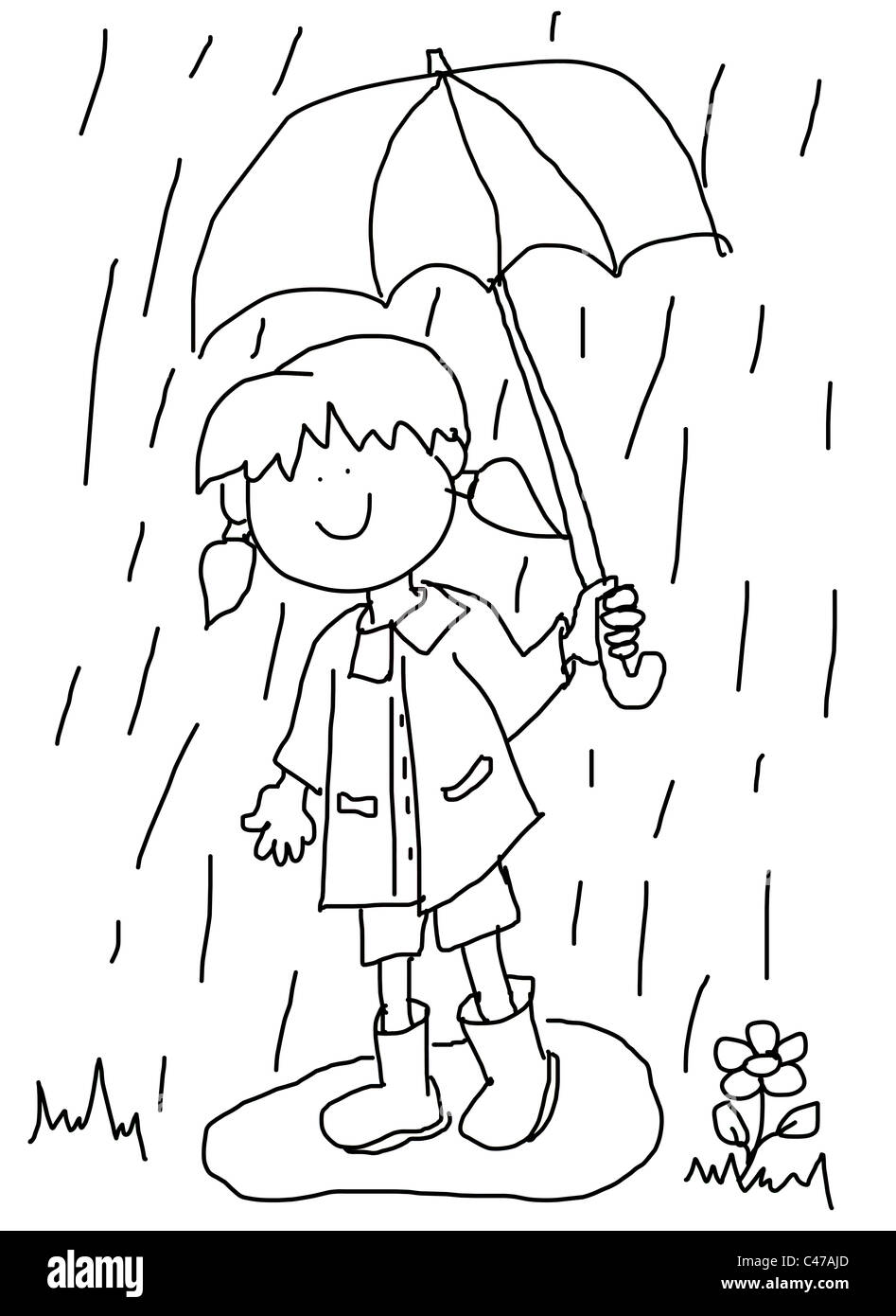 Cute little girl outline drawing playing in a water puddle while holding an umbrella in the rain. Stock Photo