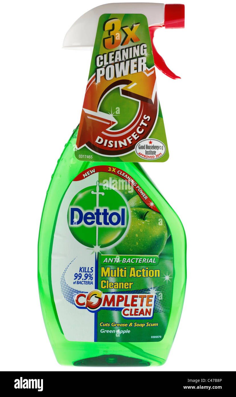 Plastic spray bottle of New 3 times cleaning power Dettol green apple anti bacterial multi action cleaner and disinfectant Stock Photo