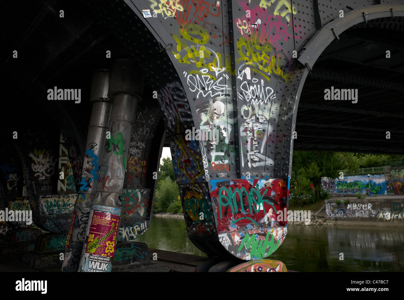 Vienna, Austria, Urban landscape, Wall painting, Wien, Graffiti, Österreich, Stadtlandschaft, Bridge, Wandmalerei, Viena Stock Photo