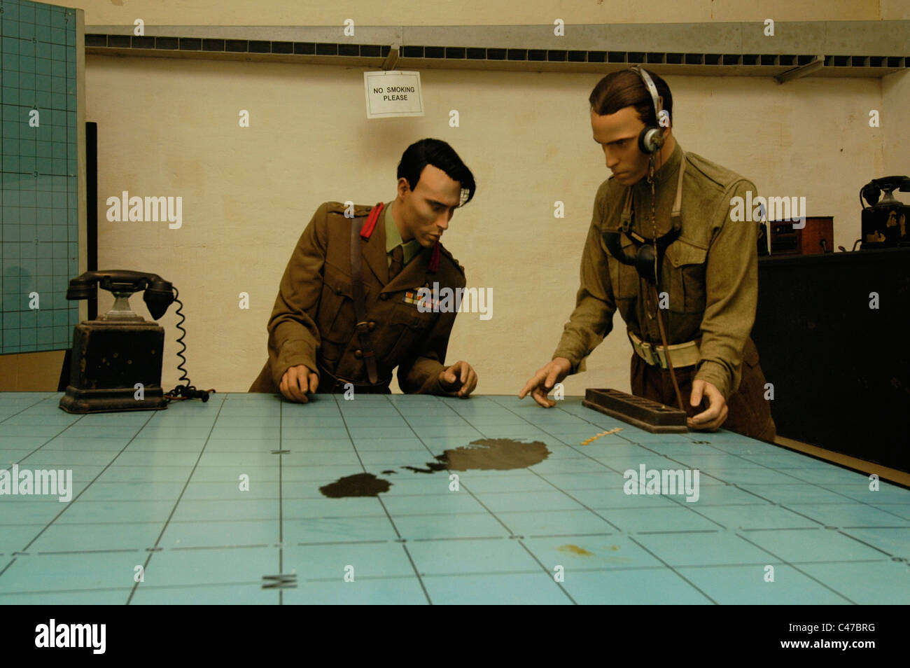 Life size diorama depicting British soldiers in the operation room of the RAF Sector Fighter Control Room inside the Lascaris War Rooms which are an underground complex of tunnels and chambers that housed the War Headquarters from where the defence of the island was conducted during the Second World War located a few hundred feet under the Upper Barrakka gardens and the Saluting Battery in Valletta capital city of Malta Stock Photo