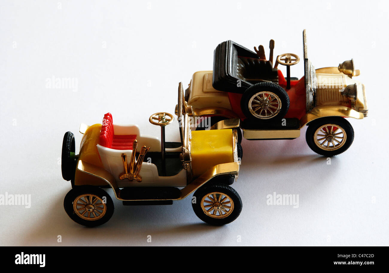 Two historical toy cars 'Wanderer, 1904' with open hood produced 1966-1976 in the former GDR by PSW Berlin, East Germany Stock Photo