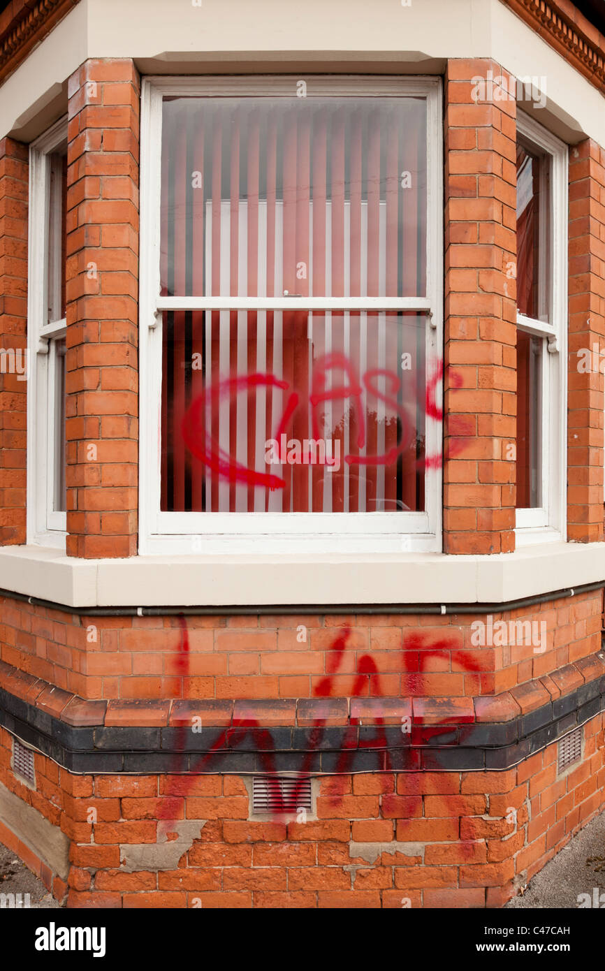 Anarchist Class War political graffiti across the front of the Rushcliffe Conservative Association Headquarters building Stock Photo