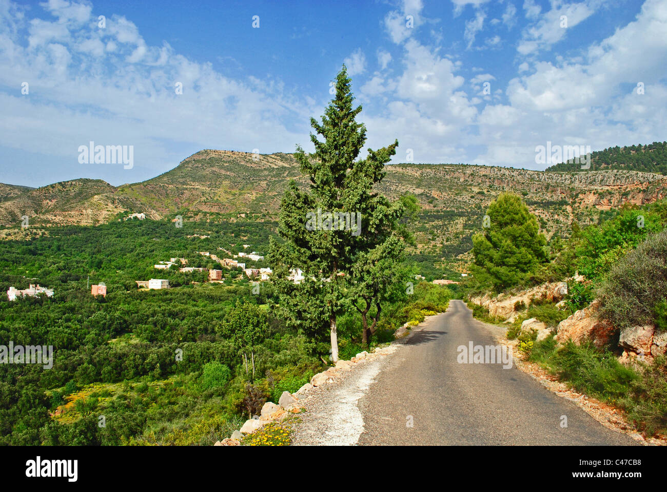Rural road in the Anti-Atlas region of Morocco, near Immouzzer Stock Photo