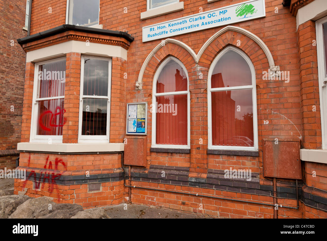 Anarchist Class War political graffiti sprayed on the Rushcliffe Conservative Association Headquarters, West Bridgford, Nottingham, England, UK Stock Photo