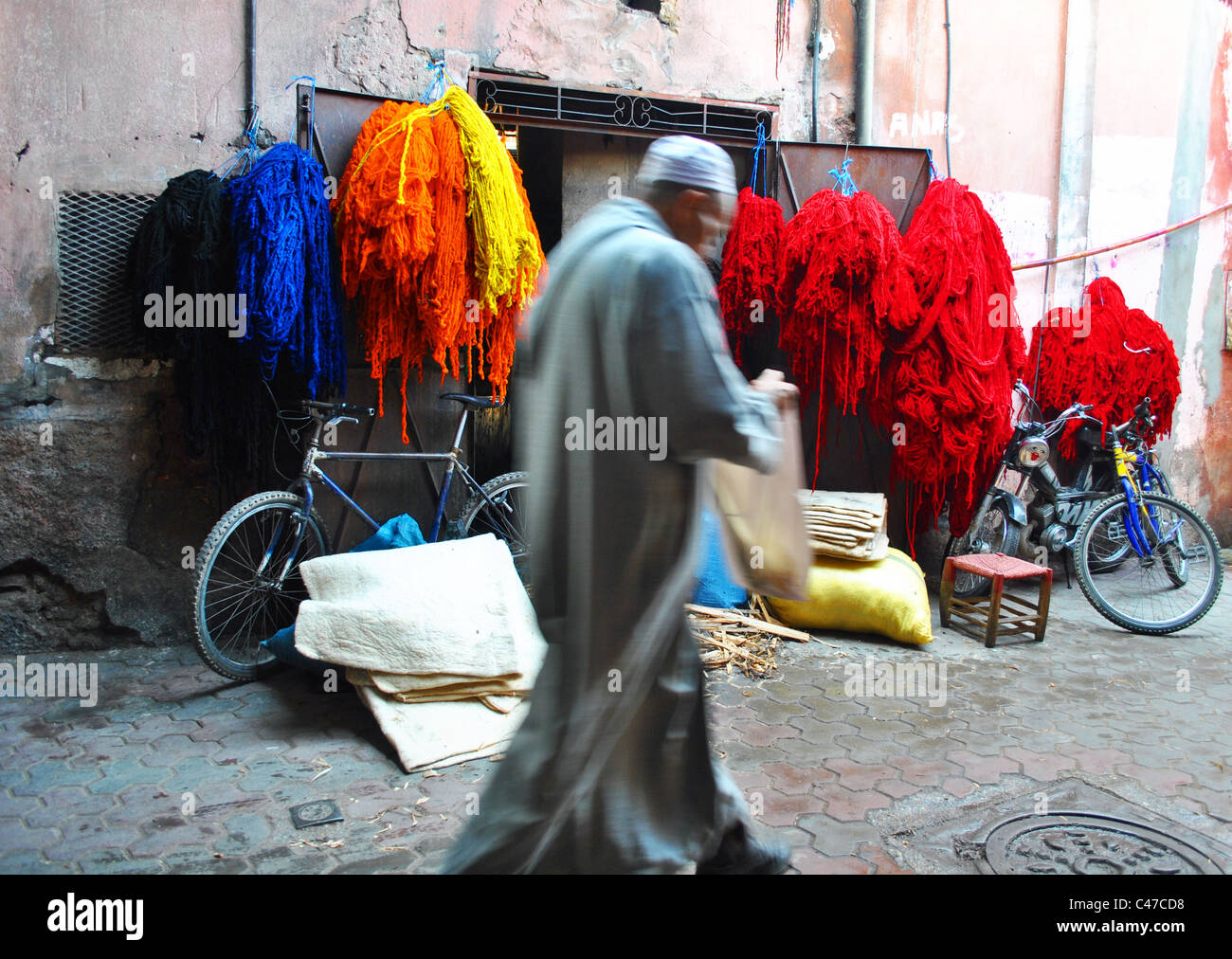 Dyed wool drying in Marrakesh, Morocco Stock Photo