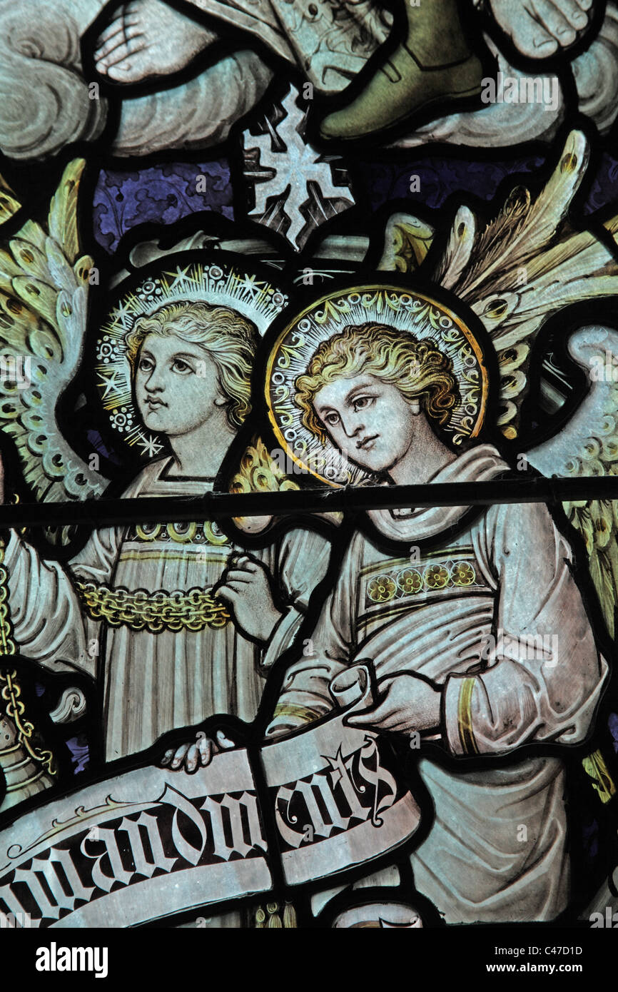 A stained glass window by John Hardman & Co: Angels, St Nicholas's Church, Tackley, Oxfordshire Stock Photo
