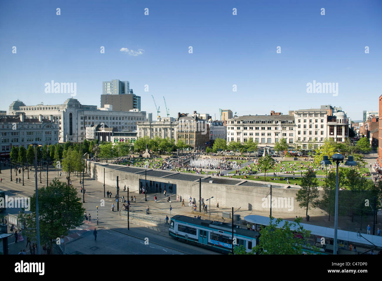 An elevated view of Piccadilly Gardens, Manchester, on a sunny day. Stock Photo