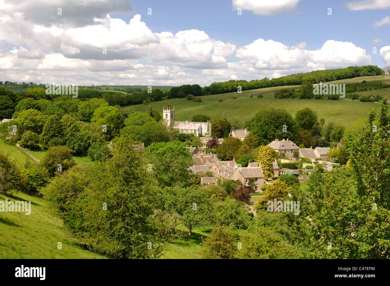 Naunton village and Cotswold landscape, Gloucestershire, England, UK