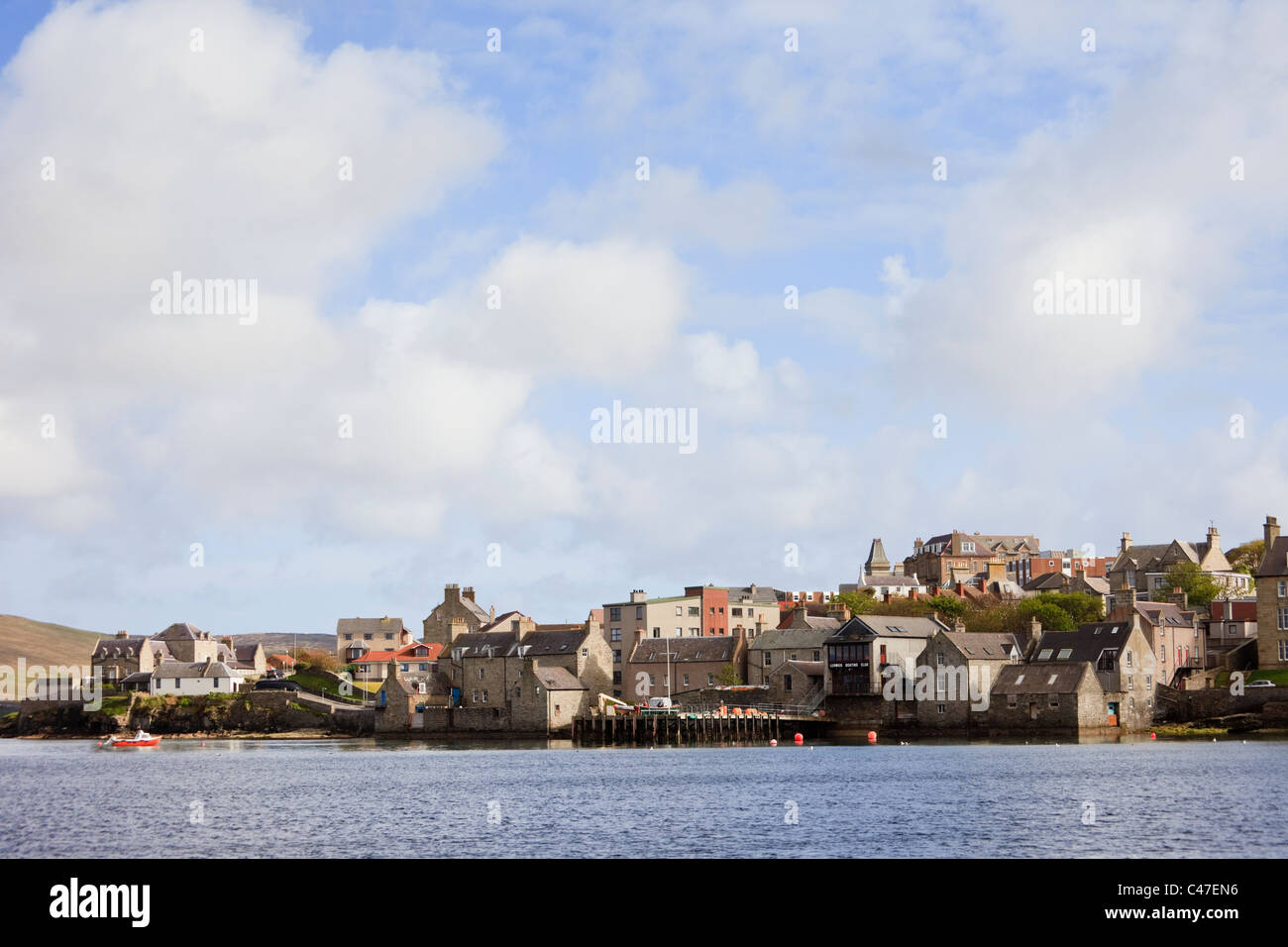 View of the Lodberries, 18th century waterfront warehouses with piers in the old town. Lerwick, Shetland Islands, Scotland, UK, Britain Stock Photo