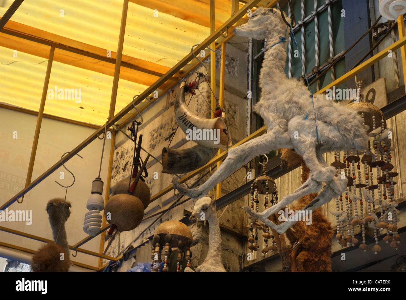 Dried llamas hanging up in the Witches Market, La Paz, Bolivia Stock Photo