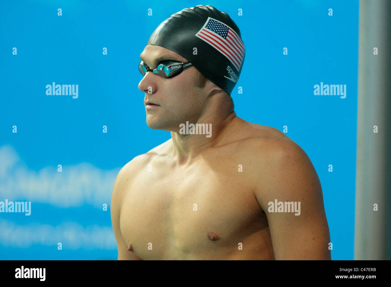 Austin Ringquist of USA before the start of the Men's 200m Backstroke Finals. Stock Photo